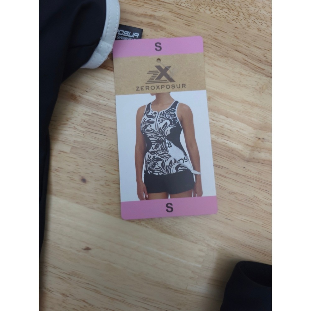 Black White Tropical Tankini Sz S Zip Front Swim Top Boyshort Bottoms Coconut - Picture 6 of 8